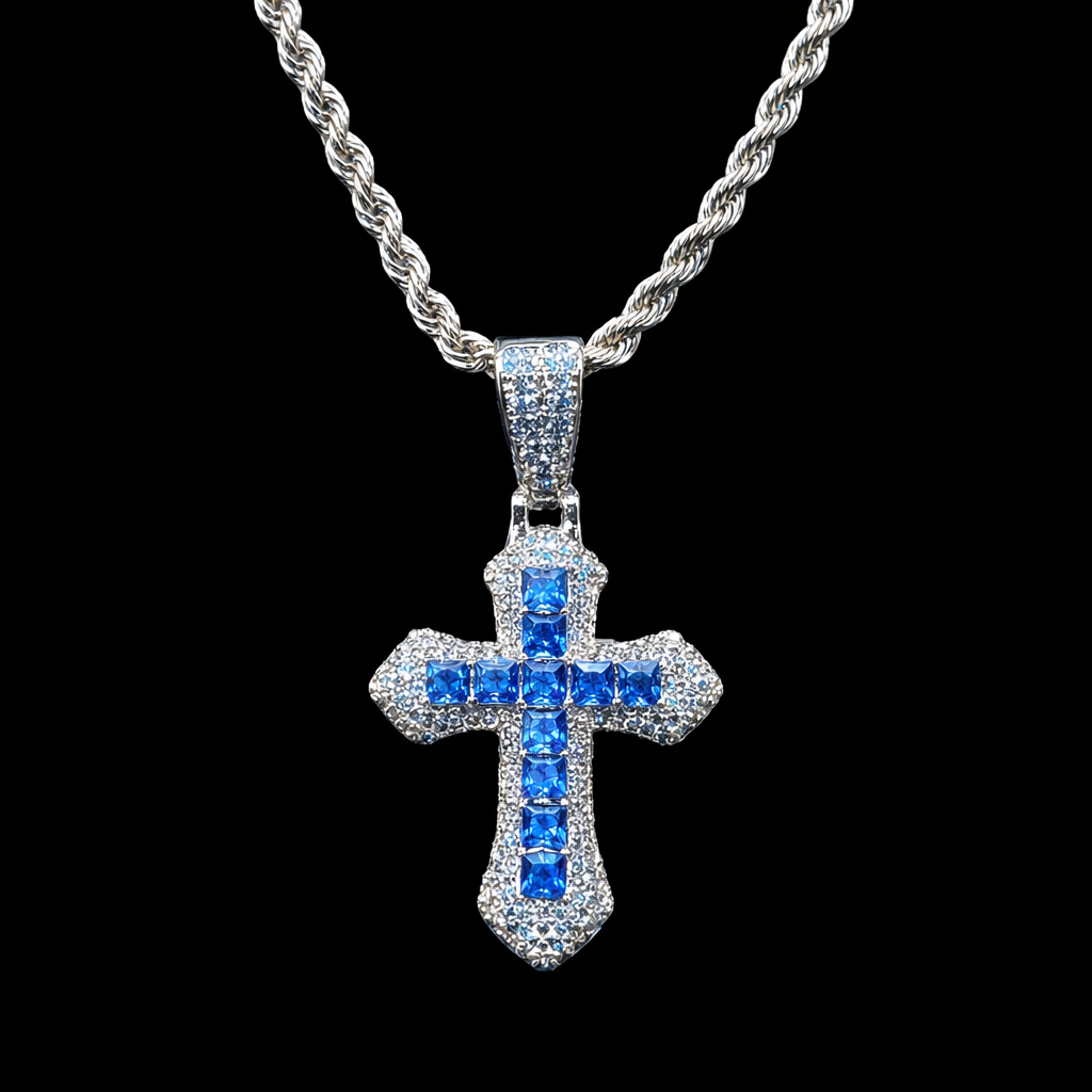 Collana Con Ciondolo Croce In Cristallo Blu O Rosso – Gioiello Placcato Argento Per Donna
