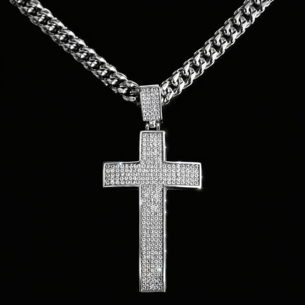 Collana con ciondolo a croce in argento sterling 925 con opale bianco